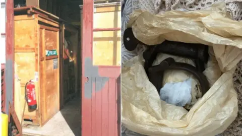 West Yorkshire Police Photo of garage in Sheffield used by Pickering and handcuffs in a bag