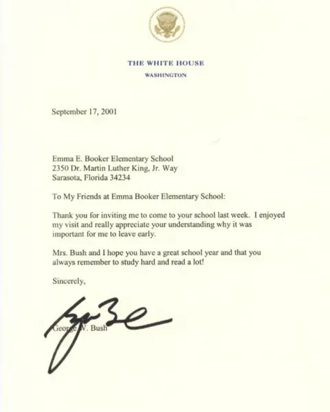 US National Archives A letter from President Bush to Booker Elementary school saying "Thank you for inviting me to come to your school last week. I enjoyed my visit and really appreciate your understanding why it was important for me to leave early."