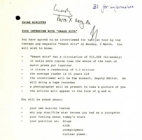 PA Briefing note that Margaret Thatcher received ahead of Smash Hits interview
