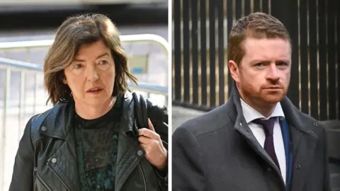 Getty Split image of Sue Gray on the left, a middle-aged woman with shoulder-length brown/blonde wavy hair wearing black leather jacket and black top, and Morgan McSweeney on the right, a man with auburn hair and beard wearing a navy suit with grey coat over the top