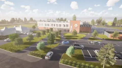 A computer-generated image of a brand new school building with several areas of green, including trees, at the front. Several cars can be seen parked or driving around the car park.