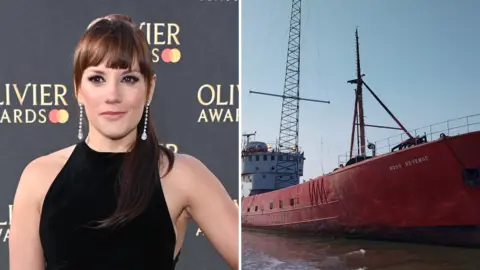 A composite of Vikki Stone and a Radio Caroline ship. On the left is Vikki Stone arriving at the Olivier Awards standing in front of a black board which says OLIVIER AWARDS in gold writing with the Mastercard logo next to it. She is wearing a black halter neck dress and is looking directly at the camera and smiling. On the right is a picture of a bright orange Radio Caroline ship called the ROSS REVENGE.