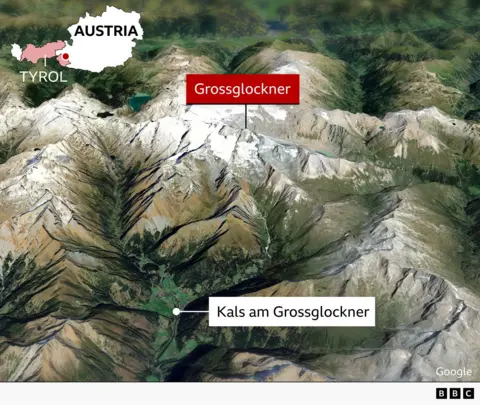 Map showing Grossglockner mountain in Austria
