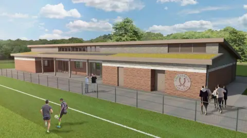 A computer-generated image showing a football club's new clubhouse built with bricks, and people playing football.