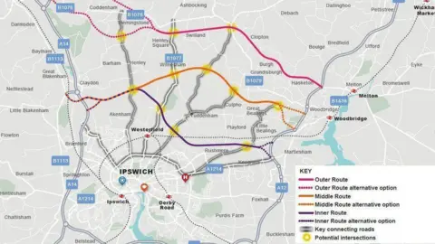 Suffolk County Council There is a map of Ipswich and then six route choices for alternative options for a northern bypass.