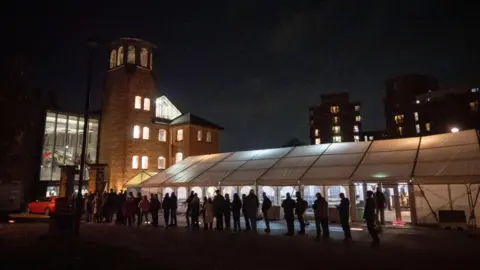 Derby Heritage Beer Festival A queue of people waiting outside Derby's Museum of Making before the Derby Heritage Beer Festival