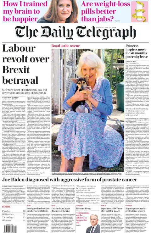 The front cover of the Telegraph which reads "Labour revolt over Brexit Betrayal." 