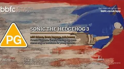 British Board of Film Classification The age card showing PG certification with a tri-colour design with Sonic the Hedgehog as he speeds across the screen