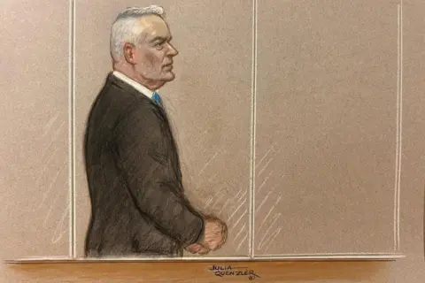 Julia Quenzler A tribunal  sketch showing Huw Edwards