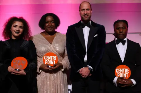 Hollie Adams/Reuters A picture of Prince William with three young people, two on his left and one on his right, all of whom are holding a red circle trophy with 'Centre Point' written inside.