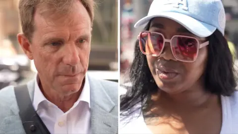 Split screen. Left, a man interviewed by the BBC. Right, a female interviewed by the BBC.