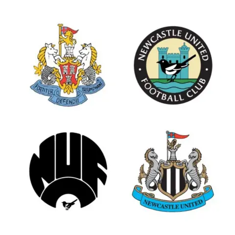 Newcastle United FC Four Newcastle United crests. An old version is in the top left. In the top right there is a circular crest containing a magpie and a castle. In the bottom left is a circular emblem made up of the letters NUFC. The current crest is in the bottom right.