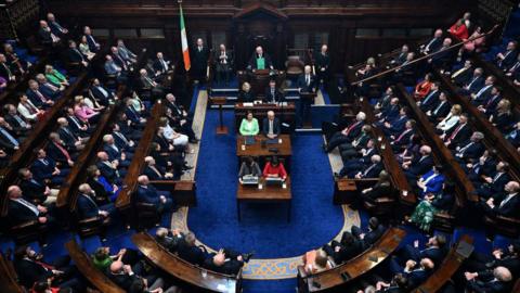 US President Joe Biden delivers a speech at the Dail Eireann, the lower house of the Irish Parliament, at Leinster House in Dublin, on April 13, 2023,