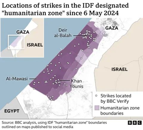 Locations of strikes successful  the IDF designated "humanitarian zone" since 6 May 2024, according to BBC analysis.