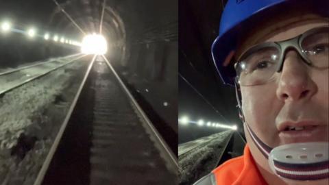 Dark image on the left of the tunnel, showing the empty track and light at the end, and then on the right is reporter Peter Shuttleworth, wearing orange high-viz, a blue helmet, a chin guard and goggles