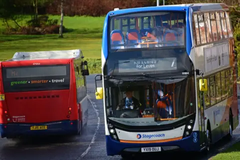 Getty Images Two Stagecoach buses in Fife passing each other.