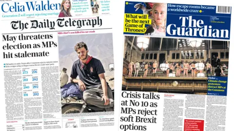 Composite of Daily Telegraph and Guardian front pages