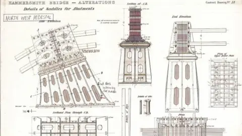 London Borough of Hammersmith and Fulham Architectural drawing of the north west pedestal illustrating the location of the micro-fractures