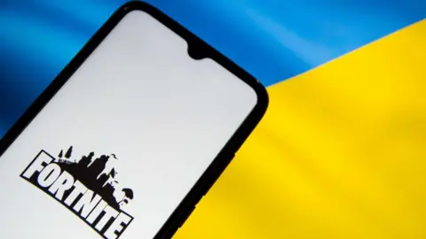 Getty Images Fortnite logo superimposed on Ukraine flag