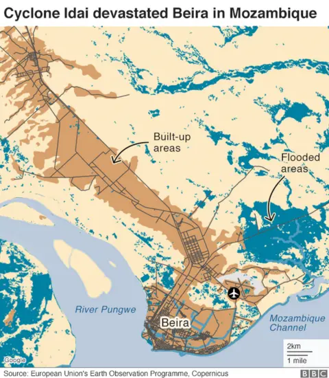 A map showing flooding in Beira