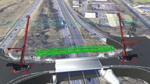 A computer generated image showing the new footbridge being installed across the A19