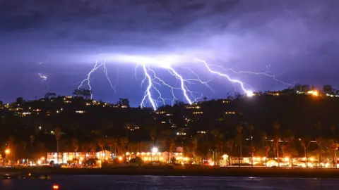 SBCFireInfo More forks of lightning over Stearns Wharf in Santa Barbara