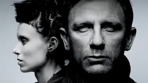 Colombia Pictures Daniel Craig and Rooney Mara in black and white promotional image for The Girl with the Dragon Tattoo