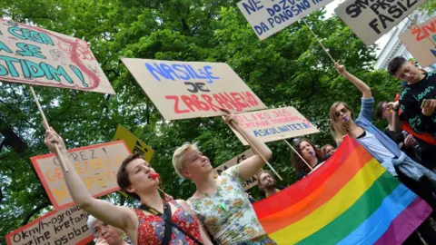 Getty Images Activists protest in 2017 after authorities rejected their application for pride march
