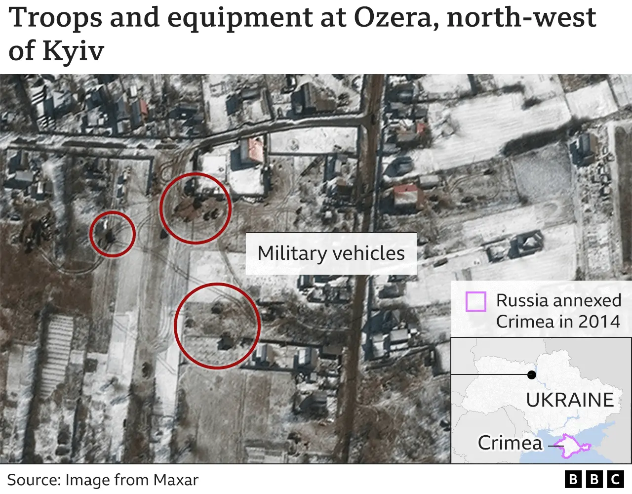 A satellite image purportedly showing troops and equipment deployed in Ozera, near Antonov airport. Photo: 10 March 2022