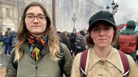 Two people protesting against France's pension reforms