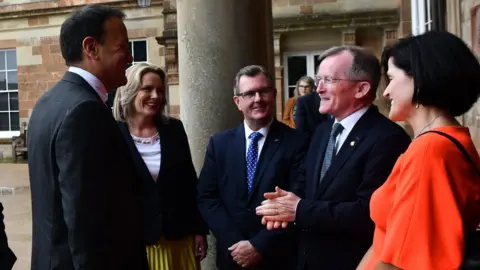 PAcemaker Varadkar at Hillsborough Castle with Sir Jeffrey Donaldson and Niall Gibbons of Tourism Ireland