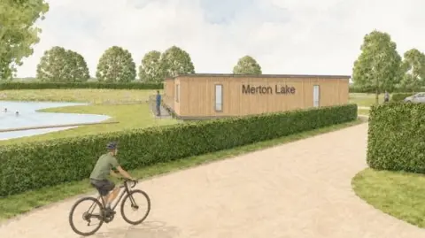 JCE/CDC An artist's impression of a building next to the lake as a cyclist approaches.