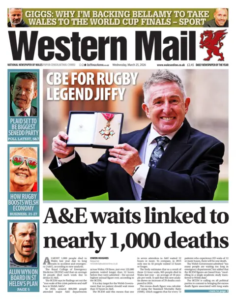 Western Mail Front page of the Western Mail with headline: A&E waits linked to nearly 1,000 deaths. A headline above reads: CBE for rugby legend Jiffy. It is next to a photo of Jonathan Davies smiling while holding up his CBE medal.