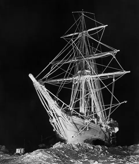 Royal Geographical Society Ship on the sea at night