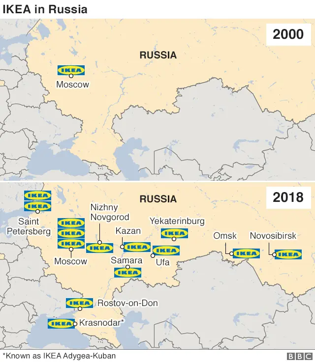 Map of Russia showing how Ikea has spread since 2000