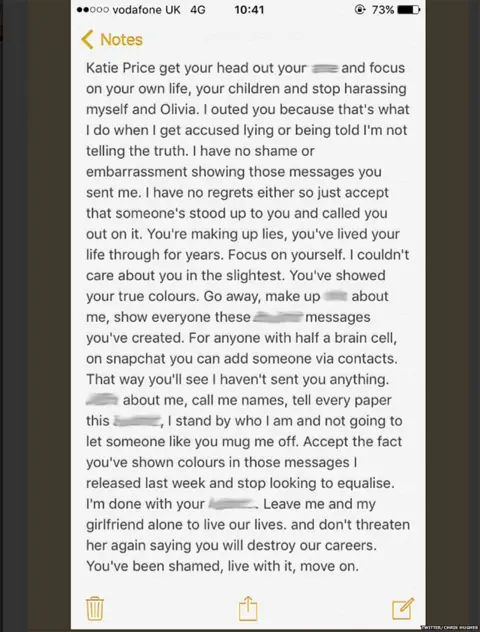 Twitter/Chris Hughes Chris's message to Katie Price