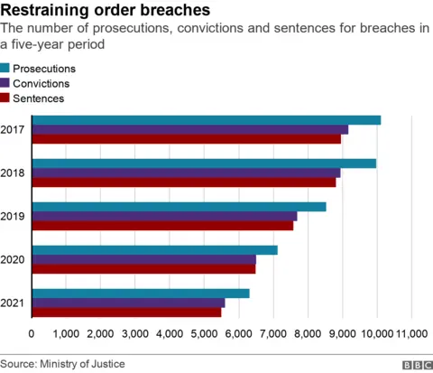 Chart showing the level of prosecutions, convictions and sentences for restraining order breaches