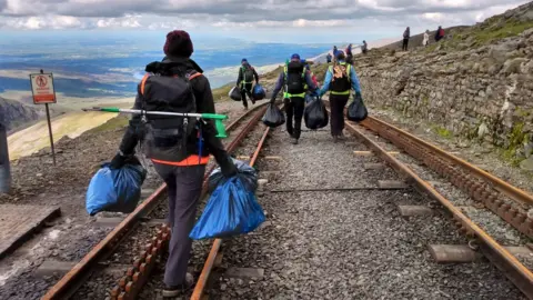 Snowdonia Society Volunteers picking litter on Snowdon