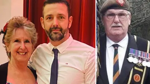 David Graham Two images side by side. On the left is a man in a shirt and tie next to his mother, smiling widely. On the right, his dad wears a tie and suit and is decorated with military medals.