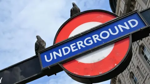 Two pigeons sit on top of a Tube sign in central London. 