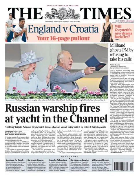 The headline on the front page of the Times reads: "Russian warship fires at yacht in the Channel".