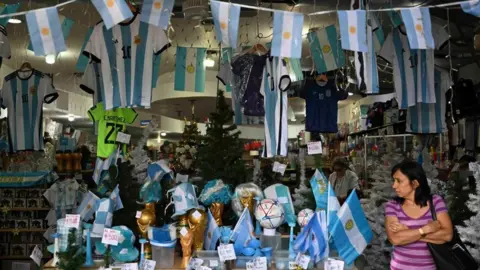 Getty Images A stall in Buenos Aires adorned with Argentine paraphernalia
