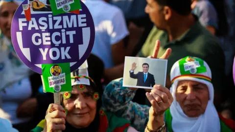 Getty Images HDP supporters in rally holding pictures of former co-leader Selahattin Demirtas