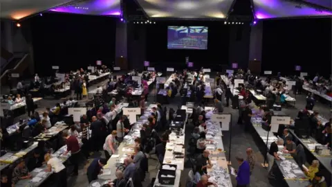 PA Election staff during the European Parliamentary elections count at the International Convention Centre in Birmingham