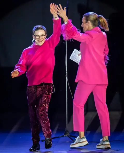 PA Media Strictly Come Dancing star George Webster and Gabby Logan on stage during The Awakening at Headingley Stadium in Leeds which celebrates the city's cultural past, present and future at the start of Leeds Year of Culture 2023