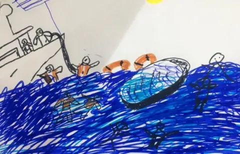 Proem-aid Drawings like this one by a child in a Lesbos migrant camp prompted volunteers to treat their water trauma