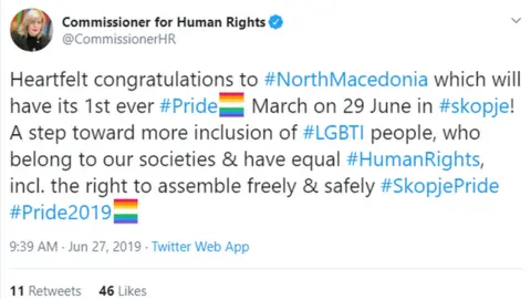 Twitter Council of Europe Human Rights Commissioner Dunja Mijatovic congratulates Skopje Pride on Twitter, June 2019