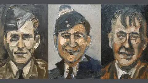 Dan Llywelyn Hall Dambuster portraits: Pilot Joseph McCarthy, navigator Vivian Nicholson and flight engineer Robert Paterson