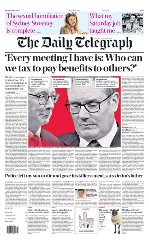 The Daily Telegraph headline is "Every meeting I have is: Who can we tax in order to pay benefits to others?". It appears above a composite photograph of Sir Keir Starmer and minister Pat McFadden in front of a red background. 