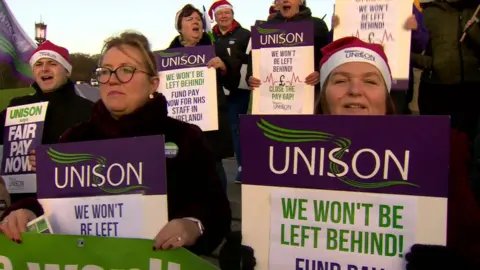 BBC Health workers staged a protest at Stormont on Monday